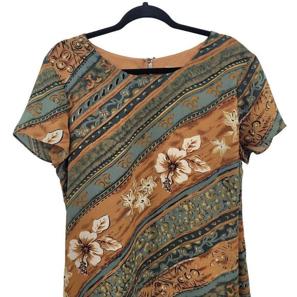 Vintage 90's Maxi Dress 12 Green Tan Modest Short Sleeve Shift Southwestern - Picture 8 of 14